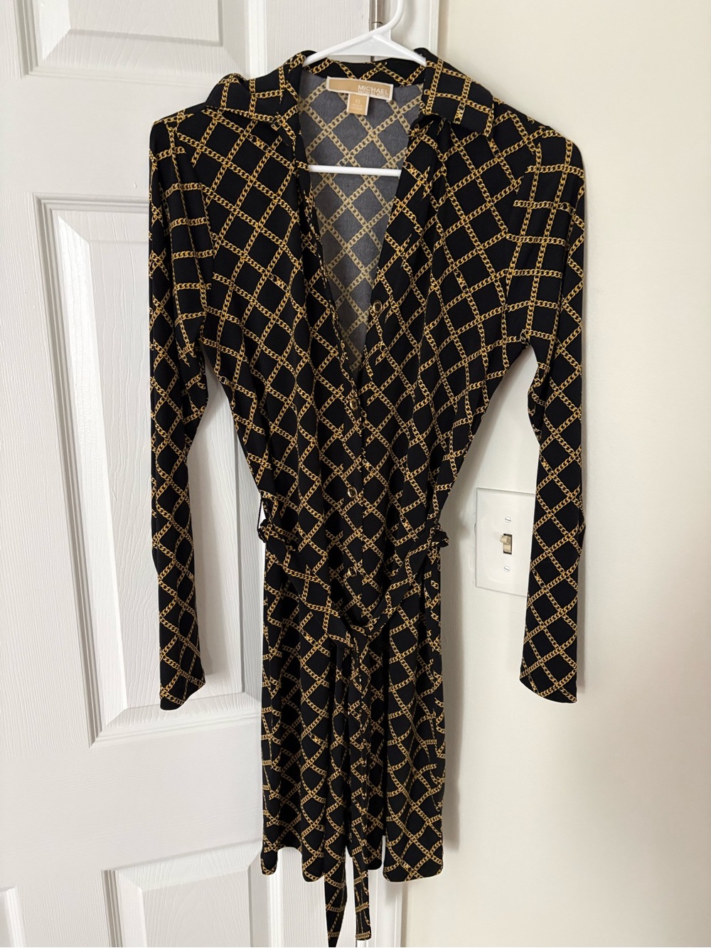 Michael Kors Black Wrap Dress with Gold Chain-Print